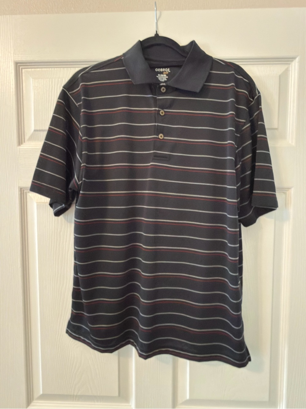 George Men’s Black Polo with Gray and Maroon Stripes Size M